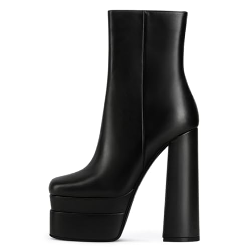 FOWT Women Gorgeous Round Toe Platform Ankle Boots Chunky High Heel Side Zipper Ladies Party Prom Booties Size 4-16 US2