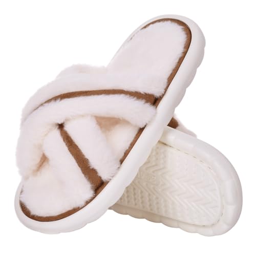 Harssidanzar Womens Fuzzy Cross Band Slippers Memory Foam House Slippers Open Toe HL207US