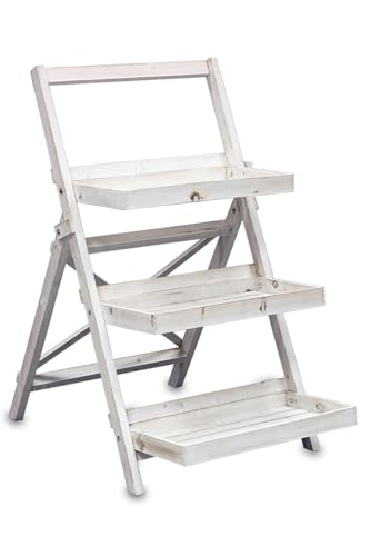 MIMBRE NATURAL EXPOSITOR ESCALERA 3 BALDAS BLANCO. Estanteria de madera blanca. Estantería con tres baldas escalera. Estanteria para exponer productos (73 × 46 × 91)