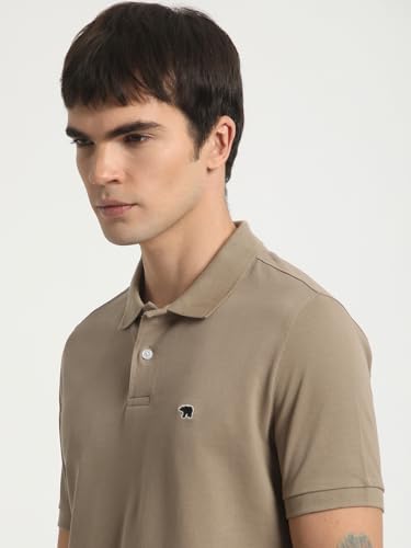 Image of THE BEAR HOUSE Men Beige Solid Slim Fit Polo Collar T-Shirt
