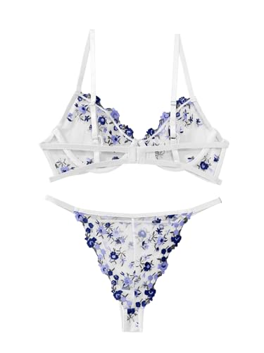 Image of Lilosy Sexy Floral Embroidered Mesh Sheer Underwire Lingerie Set