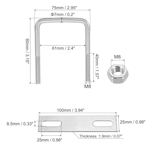 Image of PATIKIL M8x60x80mm Square U-Bolts Kit, 4Set 304 Stainless Steel Square U Shaped Bolts Replacement Parts with Frame Plates and Nuts for Ski Board Sailboat Trailer