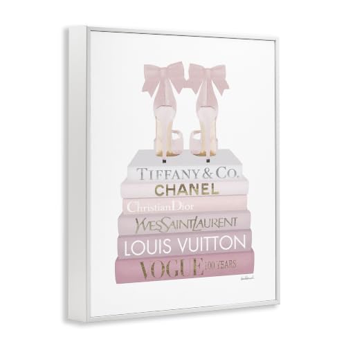 Image of Stupell Industries Chic Pink Bow Shoes Glam Fashion Bookstack, Designed by Amanda Greenwood White Framed Wall Art, 16 x 20
