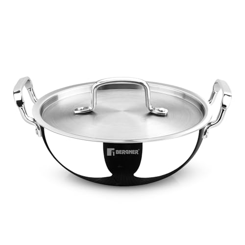 BERGNER TriPro TriPly Stainless Steel 20cm (1.7 L) Deep Kadai/Kadhai with Lid, Durable Stay Cool Handles, Healthy Cooking, Less Oil Use, Metal Spatual Friendly - Induction Bottom and Gas Stove Ready