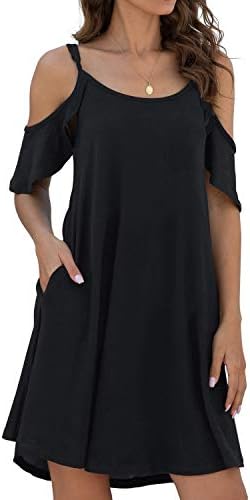 Jouica Women Cold Shoulder Black Dress Pleated Casual Loose Swing T-Shirt Mini Dresses,Black,Medium