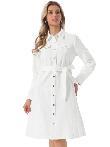 Image of Allegra K Denim Dress for Women's Long Sleeve Button Down A-Line Belted Classic Jean Dresses