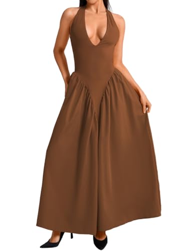 Image of ChiaoLezhee Deep V Neck Dress, Halter Maxi Dresses, Vacation Date Night, Sexy for Women Corset Flowy Wedding Guest Drop Waist
