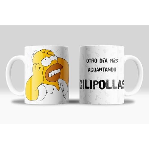 newseny Taza Otro día aguantando Gilipollas de Homer, estilo no toques mi taza con frases graciosas| Cerámica 350ml (Taza Gilip*llas)