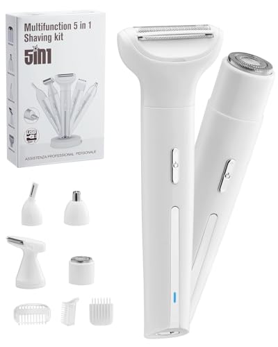 Afeitadora eléctrica para Mujer, 5 en 1 Rasuradora Mujer Zona Intima,Uso en Seco y en Mojad,Indoloro Recortadora Zona Intima,para Bikini Axilas Brazos Cara Nariz -Blanco