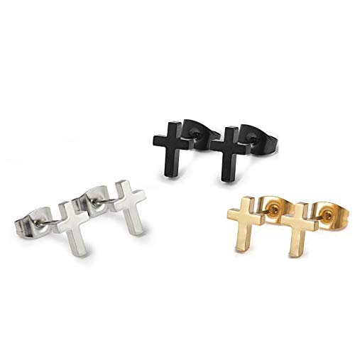 Funrun Jewelry Womens,Mens Cross Stud Earrings Black Stainless Steel Earrings Set,3 Pairs (B: 3 Pair Style 2) #TOP3