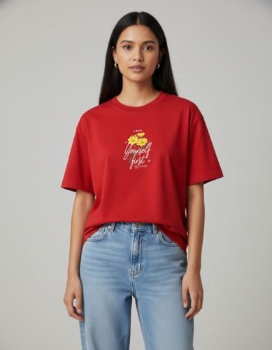 Image of Oversized Cotton T-Shirt for Women Half Sleeve - Love Yourself First Printed Tee - Breathable Loose Fit Motivational Casual Wear for College and Daily Outfits