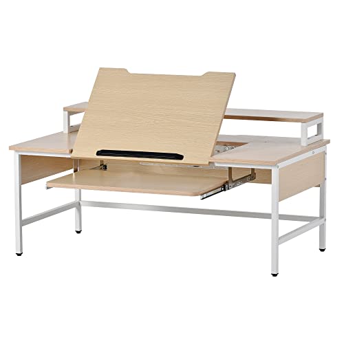 パソコンデスク 収納台 座デスク ミシン台 デスク付きシェルフ ワーク書斎机 学習机 勉強机 省スペース おしゃれ 学習机 いくつのPC設備同時使用可能 (ナチュラル)