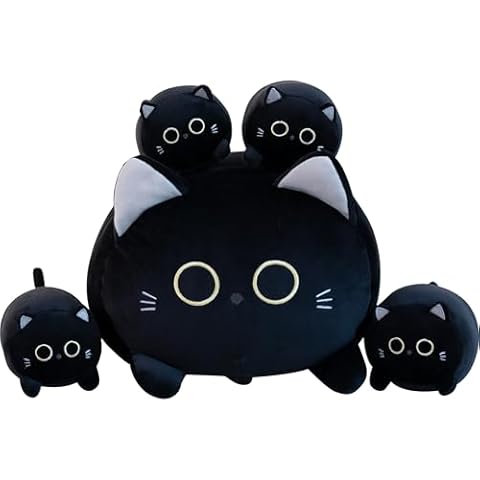 Gudisi Black Cat Plush, 16" Cute Cat Stuffed Animals Mommy with 4 Kitties Plushies in Tummy,Soft Jumbo Cat Plush Pillow Christmas and Birthday Gifts for Girls Boys Cover
