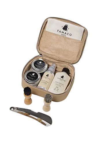 Famaco Trousse Evasion - Entretien Chaussures Cuir lisse, Daim Nubuck - Coffret Cadeau - 2 Pommadiers cuir, 1 Crème Délicate Cuir, 2 Brosses Spéciales, 1 Spray Daim, 1 Chamoisine, 1 Chausse-Pied