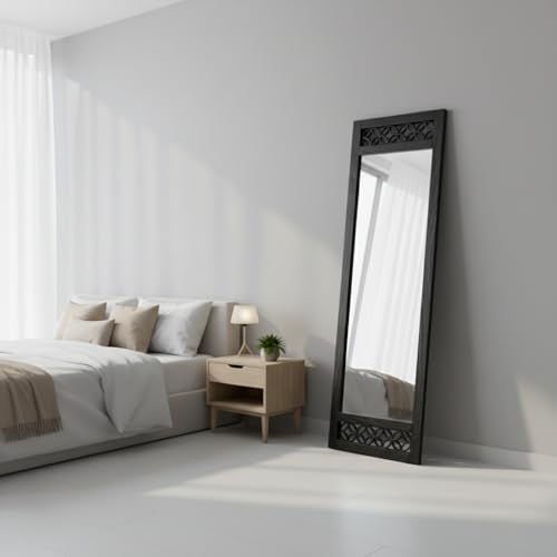 Image of APRODZ Solid sheesham Wood Full Length Floor Mirror for Bedroom Living Room Dressing Area Rectangular Mirror with Carved Sheesham Wood FrameModern Home Decor Furniture (Black)