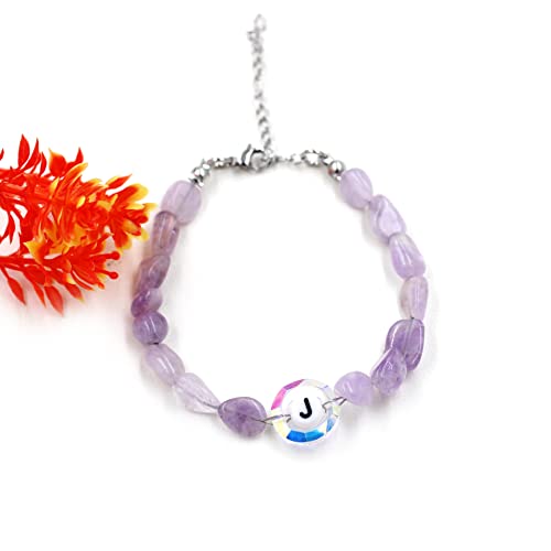 Image of Uloveido Purple Natural Stone and Austrian Crystal Letter Bracelet, Personalized Initial Jewelry for Women A-Z 26 Letters