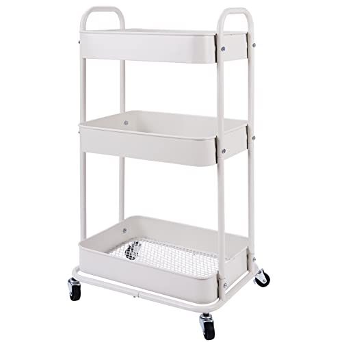 Yohkoh 3-Tier Metal Rolling Utility Cart, Storage Trolley Cart With Mesh Baskets And Lockable Wheels For Bathroom Kitchen Office(White) #TOP10