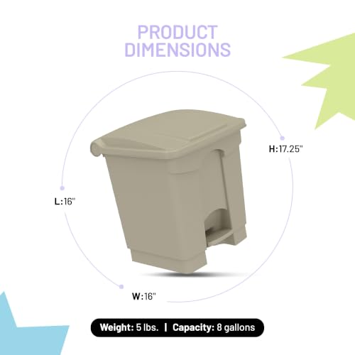 Image of Safco Step-On Indoor Plastic Trash Can, Hands-Free Disposal, 8 Gallon, Tan
