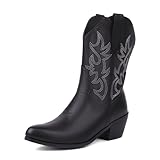 YING LAN Western Cowboy Boots for Women, Knee High Wide Calf Cowgirl Boots with Classic Embroidered Retro Pull On Chunky Heel Boot Black(Ankle)