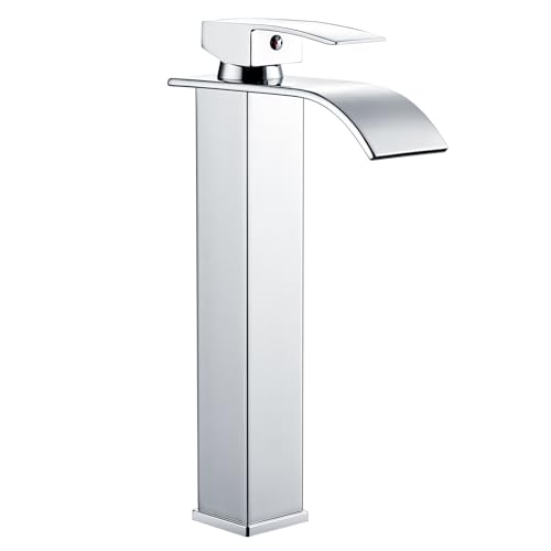 Sistaby Grifo mezclador alto para lavabo de baño, mezclador de cascada para encimera, grifo cuadrado alto, monobloc, acero inoxidable cromado con mangueras G1/2 pulgadas, mono 1 agujero