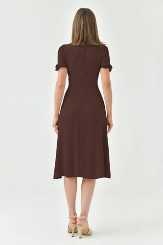 Image of Shasmi Girl's & Women's Solid Midi Dress - Elegant Square Neck Button-Down Dress with Puff Short Sleeves | Stylish Casual & Party & Office Wear Outfit (Dress 105)