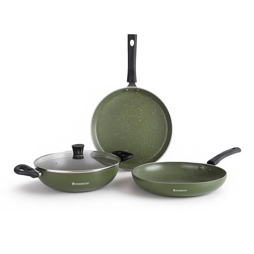 Image of Wonderchef Valencia Non-Stick Cookware 4 Pc. Set | Kadhai with Lid 24 cm, Fry Pan 24 cm, Dosa Tawa 28 cm | Pure Grade Aluminium | PFOA Free | 2-Yr Warranty | Olive Green