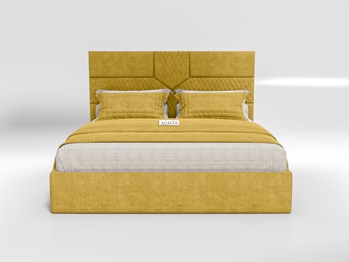Image of Acacia Modern Upholstered King Size Bed with Box Storage for Bedroom | Wooden Double Bed with Storage | Platform Cot Bed with Upholstery Premium Fabric | 6.5 x 6 Ft | Sheesham Wood (Butter Yellow)