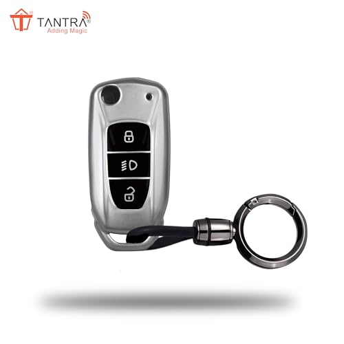 Image of SIAGO TPU Key Cover and Round Keychain Compatible for Tata Nexon | Altroz | Tiago | Punch | Harrier | Safari | Tigor 3 Button Flip Key Cover (Grey)