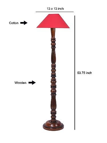 Image of Red Coolie Cotton Floor Lamp with Wooden Base - Height 53 Inches | Modern Standing Lamp for Living Room, Bedroom & Office | Stylish Home Decor Lighting & Decorative