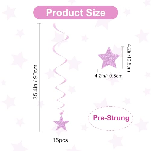 Image of BEISHID Pink Glitter Stars Hanging Swirls Pre-Strung Stars Hanging Decorations for Baby Shower Wedding Girl Women Birthday Party Decorations Supplies,Pack of 15