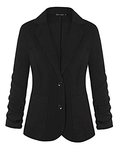 Women Blazers Casual Jackets 3/4 Sleeve Ruched Work Office Button Light Suits (Black,L)