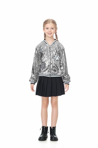 Image of LOLANTA Girls Sequin Jacket, Long Sleeve Kids Bomber Coats with Pockets, Spring Fall Outfits for 4-15 Years