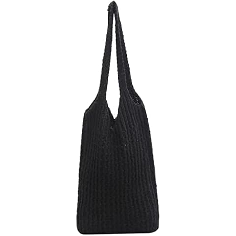 Grunge Knitted Tote Bag Y2K Fairycore Shoulder Bag Aesthetic Hobo Bag Indie Crossbody Bag Alt Purse Accessories, Black, Large Cover