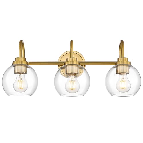 Image of Bathroom Light Fixtures, 3-Light Brushed Gold Vanity Lights with Globe Clear Glass, Champagne Bronze Vanity Lighting Fixtures Over Mirror, AD-22280-3W-GD