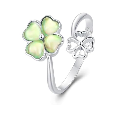 MUNDELL 925 Sterling Silver Double Four Leaf Clover Adjustable Rings Green Zircon Lucky Statement Rings for Women Stacking Rings Fashion Jewelry Cover