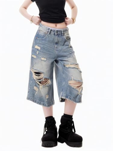 Grunge Ripped Jeans Jorts Oversized Acid Washed Jeans Vintage Cropped Pants Baggy Summer Streetwear Unisex2