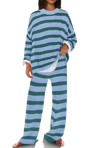 Image of SENSERISE Womens Striped Set Sweater Lounge Sets | Pajamas Set, Loungewear Set, Oversized Knit Sweater, Wide Leg Pants with Pockets, Fall Outfits, Pants Set