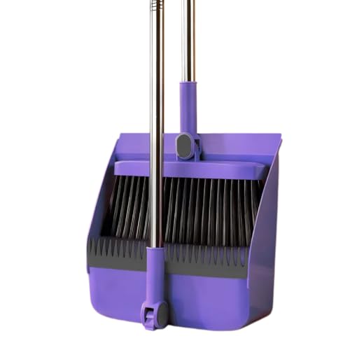 2-in-1 Broom with Dustpan Combo Set Long Handle Broom Dustpan Combo with Dustpan Teeth to Automatically Clean Hair for Home Indoor or Outdoor Cleaning Hall Floor (Purple)