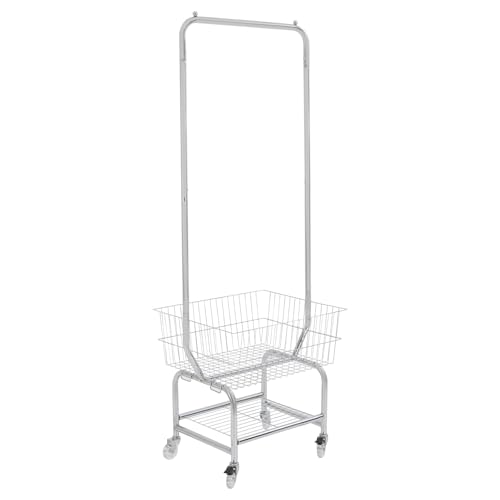 Rolling Laundry Cart with Hanging Rack,Metal Wire Laundry Basket with Wheels,and Storage Rack,for Commercial and Home Use,Clothes Organizer (Silver)