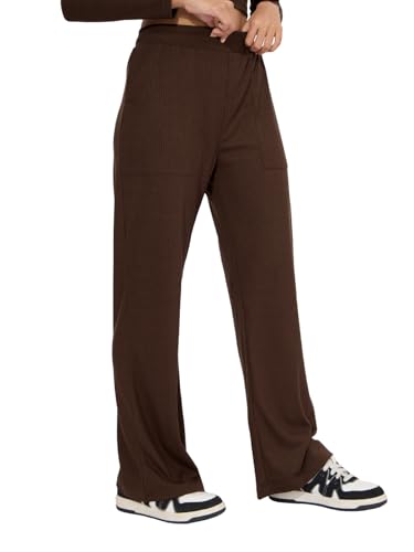 Image of The Souled Store Mocha Brown Solids Women and Girls Pull On Polyester Blend Regular Fit Ribbed Pants