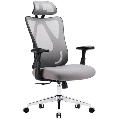 Image of Sweetcrispy Home Office Desk Chair, Ergonomic Rolling Work Swivel High Back 135Tilt Function Big and Tall Computer with Wheels, 2D Armrest Adjustable Lumbar Support & Headres, Modern Grey