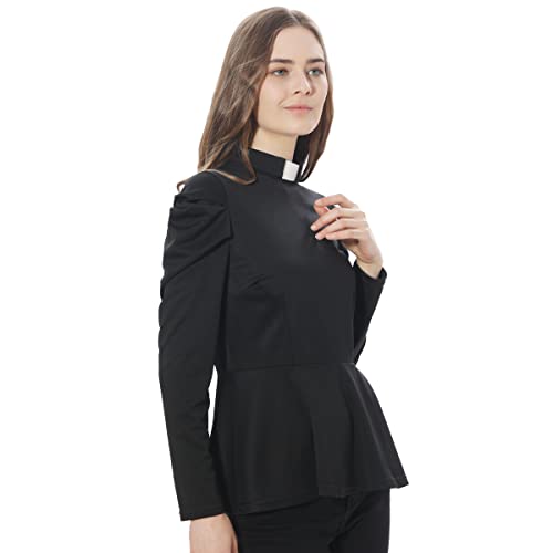Women's Elegant Clergy Shirt Long Sleeve Ruffle Hem Ministers Blouse Casual Tops4