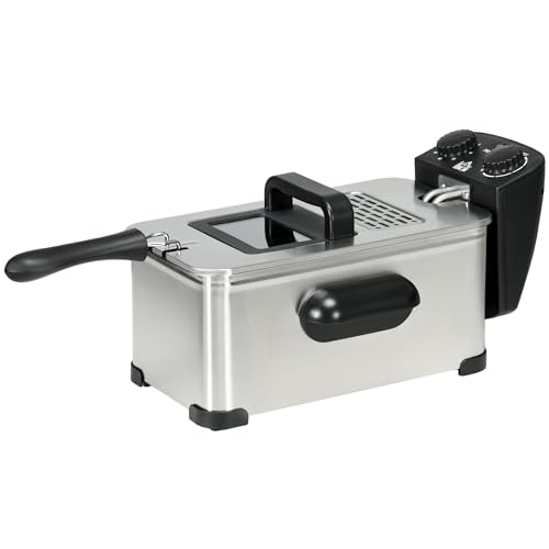 HOMCOM Freidora 3L con termostato regulable, recipiente de aceite extraíble, tapa antipolvo con mirilla, temporizador de 60 minutos, protección contra sobrecalentamiento, 2000W, acero inoxidable plata