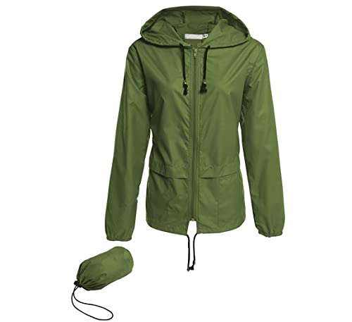 Hount Ladies Raincoat Waterproof Packable Lightweight Hooded Rain Jackets (Army Green, M)