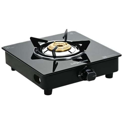Image of Surya Flame Maestro 1-Burner Gas Stove, Toughened Glass Top, Manual Ignition, Tri-Pin Brass Burner, 69%+ Efficiency, Black