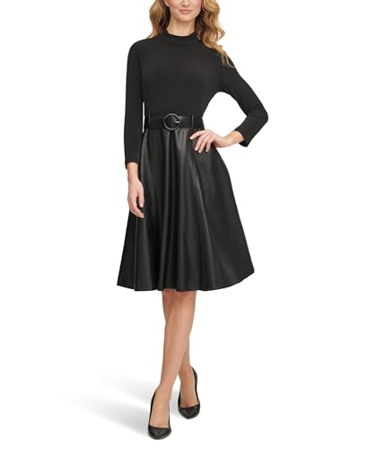 Calvin Klein Women's Matte Jersey Combo Pu Leather Belted Aline