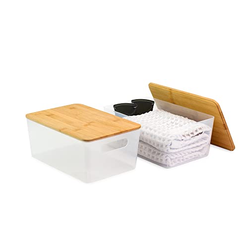 Isaac Jacobs 2-Pack Storage Bin Set w/Cut-Out Handles and Bamboo Lid, Plastic Organizers for Home, Pantry, Kitchen, Closet, Office, Home Décor, BPA Free, Food Safe (Medium, Clear) -  Isaac Jacobs International