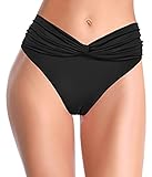  SHEKINI Damen High Waist Bikinihose Raffung Bauchweg Badehose Umschlagbund Unterteil Grosse Grössen Strandhose für Frauen (Schwarz, S)