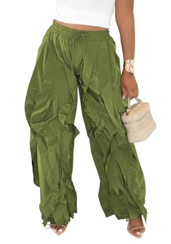 Image of Lucuna Women Balloon Pants Ruffle Fringe Drawstring High Waist Wide Leg Baggy Joggers Parachute Pants