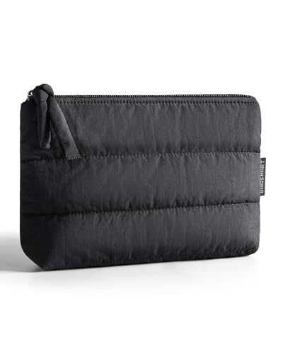 Image of BAGSMART Small Makeup Bag for Women, Puffy Travel Cosmetic Organizer, Black | Soft water-resistant puffy fabric. Compact yet spacious. Zipper pouch Ideal for travel, toiletry, purse storage & gifting